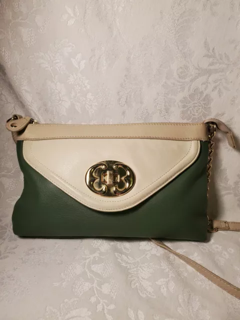 Emma Fox Classics Envelope Crossbody  Pebbled Green Beige Leather Handbag Nice 3