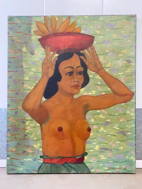 🔥 Fine Old Dutch East Indies Asian Impressionist Portrait Painting, Bali 1938