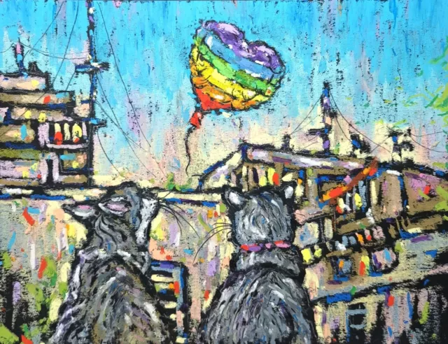 Original oil pastel painting Cats painting Tel Aviv painting LGBT art  9.5"x12"