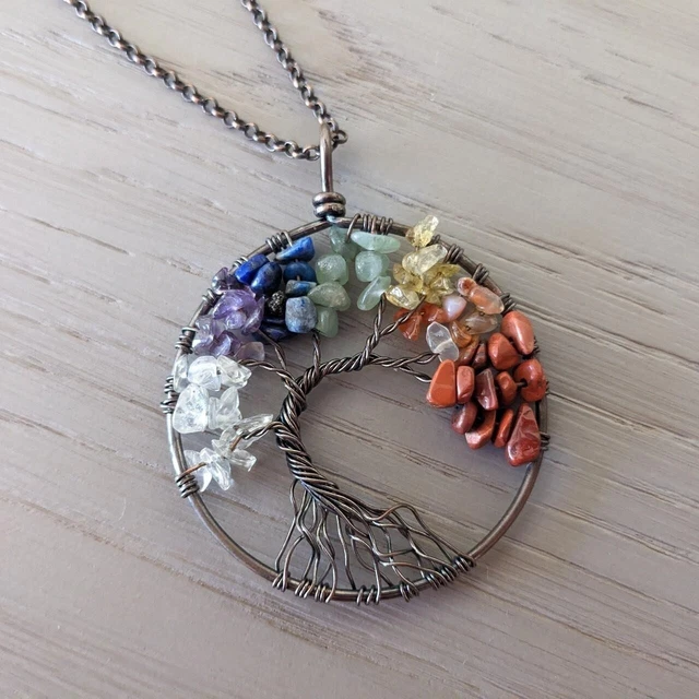 Chakra Tree of Life Pendant Necklace Wire Wrap Tumbled Crystals Multicolor 