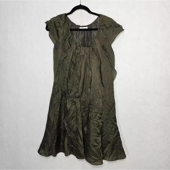 Nina Ricci France Vintage Green Silk Couture Ruffled Shift Dress Size 4