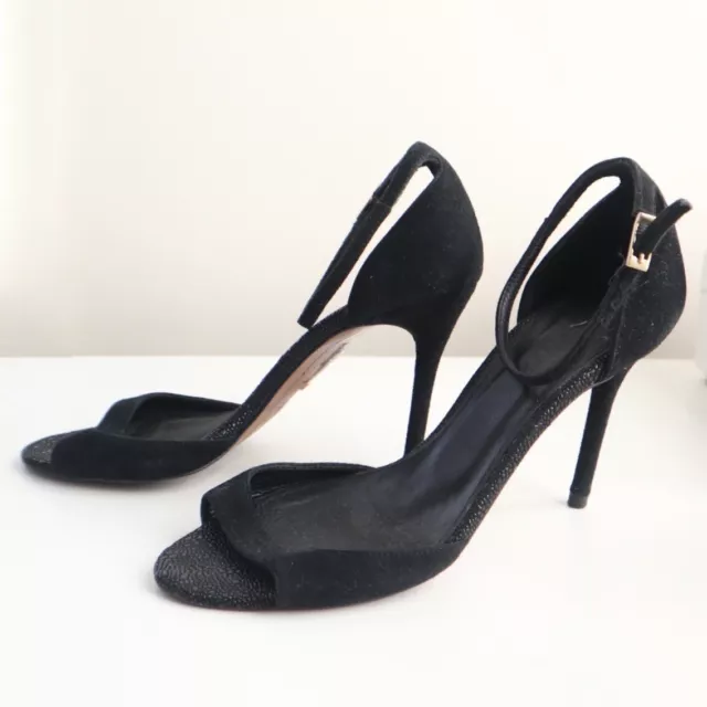 Whistles Size 40 US 9 Open Toe Ankle Strap Stiletto High Heel Black Suede 2