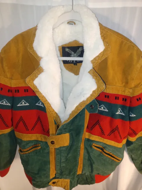Vintage 90s ADLER Men's M Suede Leather Sherpa Aztec Navajo Tribal Jacket Coat