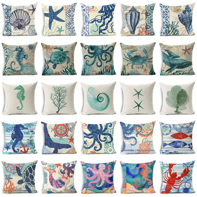 Ocean Theme Pillow Covers 18 X18 Seahorse Turtle Decoration Throw Cushion Cover