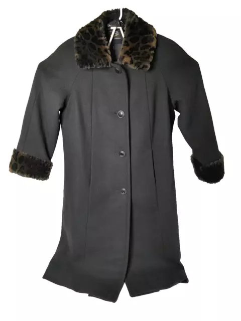VINTAGE WOMEN'S JAD Black Wool Long Jacket Coat Faux Fur Leopard Print ...