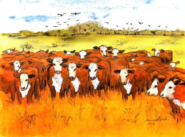 Hereford Cattle At The Fence, Western Art Print, Rancher Wall Decor, Cattle Art