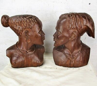 Couple Pair Vintage African Bust Handmade Carved Wood Tribal Art Man Woman Boma