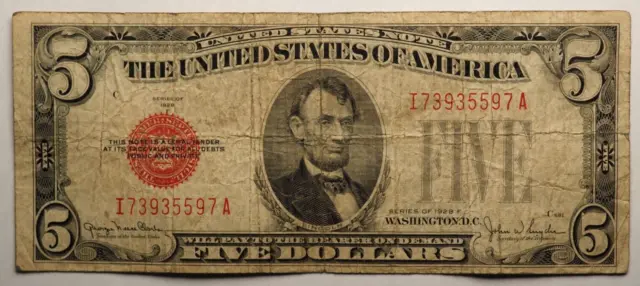 1928 **E** 5 Dollar United States Note  **Red Seal** - Free Shipping! #0363