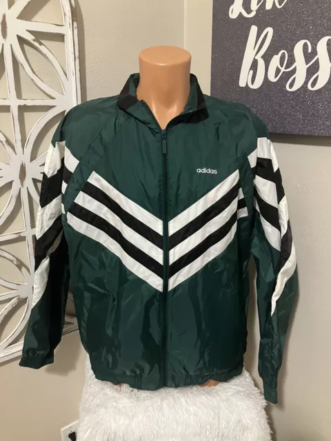 Vintage 90s Green Adidas Windbreaker Track Jacket Sz L  3-Stripes Trefoil Zip Up