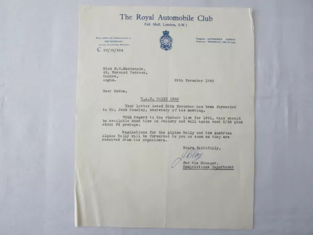 1960 Royal Automobile Club London Letter Letterhead