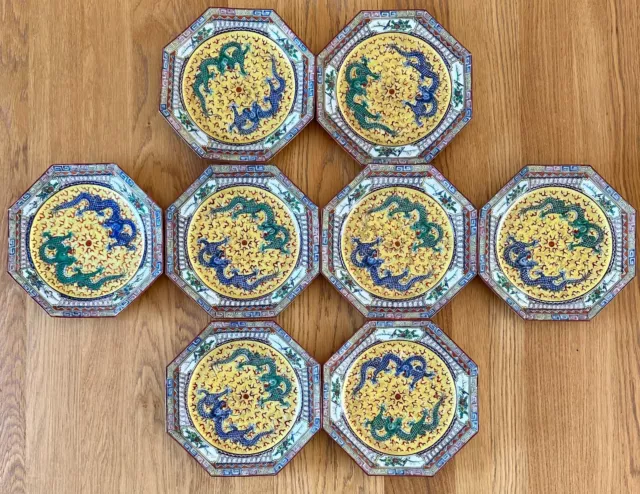 Fine Republic Period Yellow Ground Chinese Hand Painted Porcelain Plates Dragons