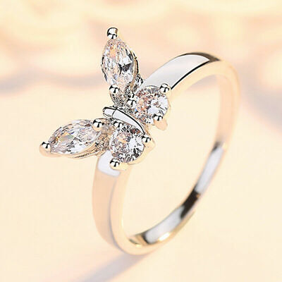 Fashion Crystal Butterfly .925 Sterling Silver Plated Ring Size 7