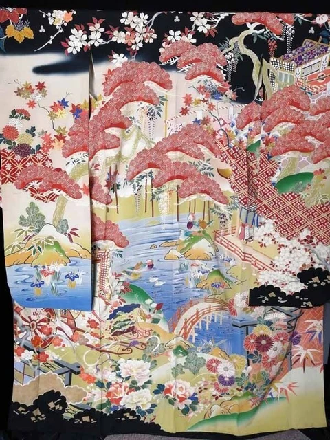 Japanese Kimono Furisode Luxurious Wedding Embroidery Pure Silk Flower K538