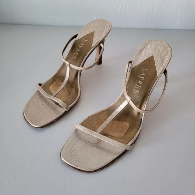 Lauren Ralph Lauren Leather Sandal Heels Champagne Lizard Gold Woman 9