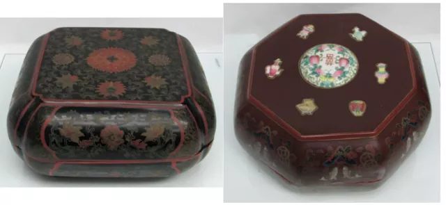 2 Wonderful Large Antique Chinese Hand Painted Lacquered Wedding Boxes
