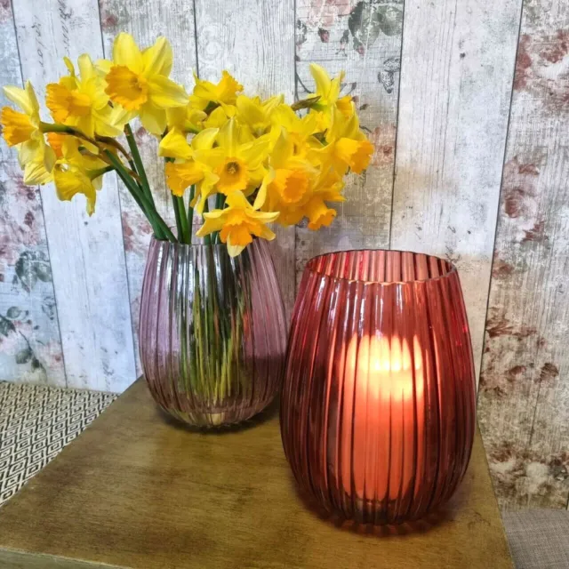 Stylish Colourful Large Fluted Ribbed Flower Vase / Candle Holder - Pink / Amber