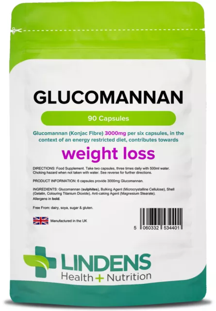Glucomannan Konjac Fibre 3000mg 90 Capsules Weight Loss Diet Slimming Lindens