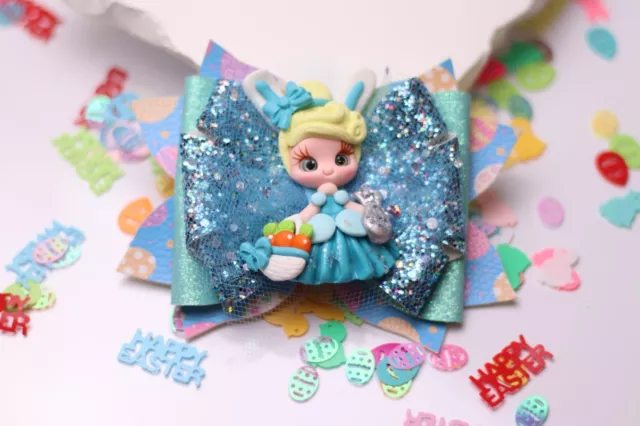 Blue Elsa Princess Easter Boutique Handmade Stacked Hairbow Hair Bow Clay Center