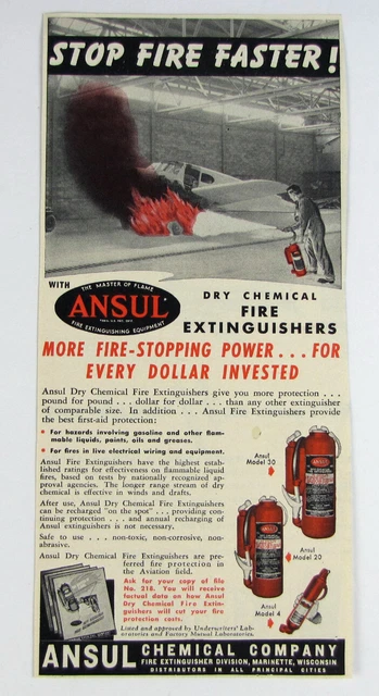 Vintage 1948 ANSUL Aircraft Fire Extinguisher Print Ad Vintage 1948 ANSUL Aircraft Fire Extinguisher Print Ad