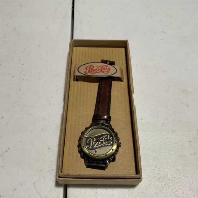 Pepsi Cola Quartz Analog Watch: Silver/Gray Face & Brown Leather Band [1996] NEW