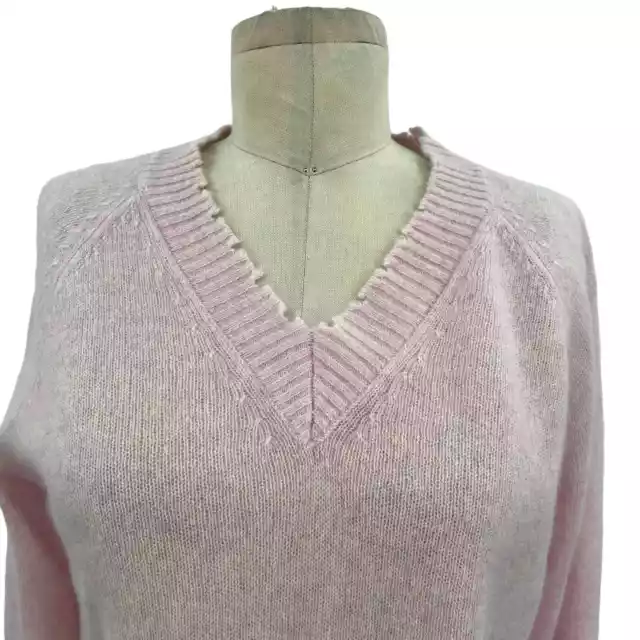 Minnie Rose Cashmere Frayed Edge Cropped V-Neck Sweater Pink Size Small 2