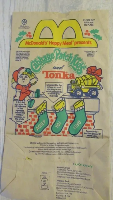 Vintage Mcdonalds Happy Meal Cabbage Patch Tonka  Christmas Toys Paper Bag