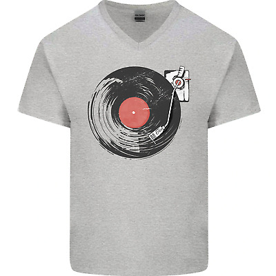 Distressed Vinyl Turntable DJ DJing Mens V-Neck Cotton T-Shirt