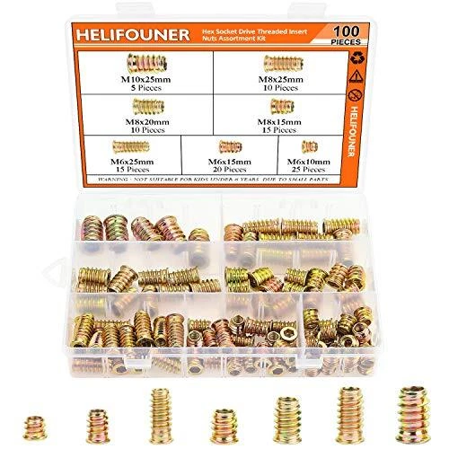 100 PIECES M6 M8 M10 Threaded Insert Nuts Assortment Kit for Wood