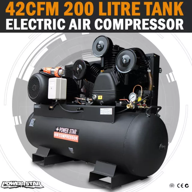 NEW Large Industrial Air Compressor 200 Lt Tank 42CFM 3 Cylinder 10HP, 3 Phase