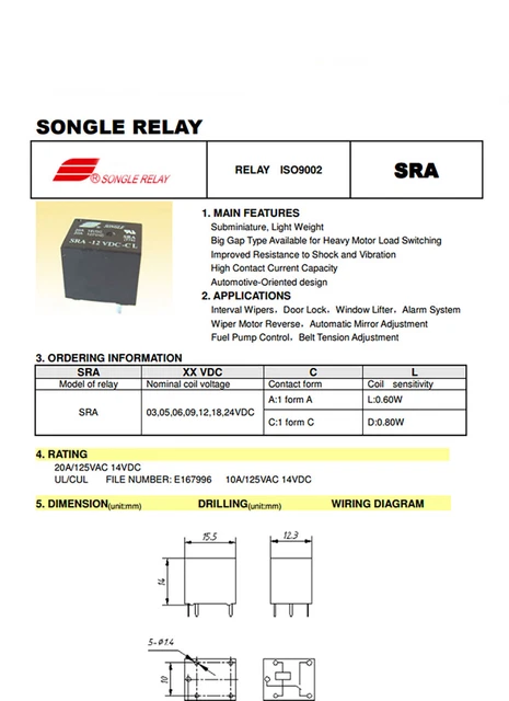MINI POWER SONGLE Relay SRA-5V 12V 24V DC Coil-20A SPCO/SPDT Contact 5 ...
