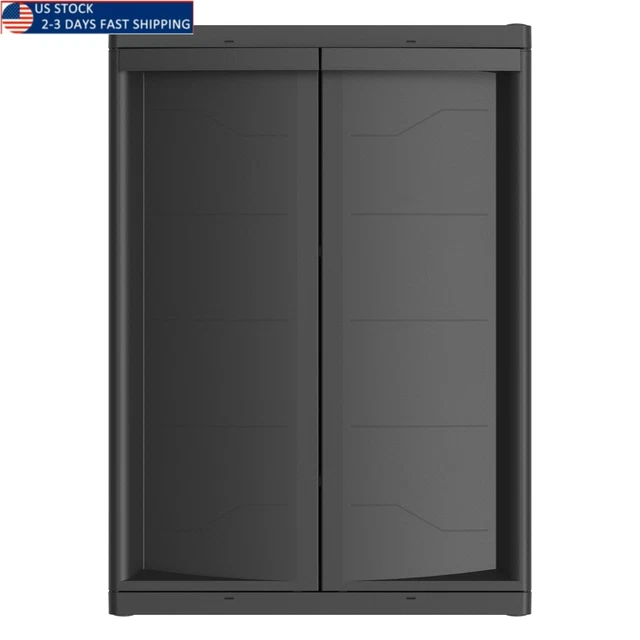 Plastic Garage Cabinet 2 Shelf 18.5Dx25.47Wx35.43"H, Black Matte Finish