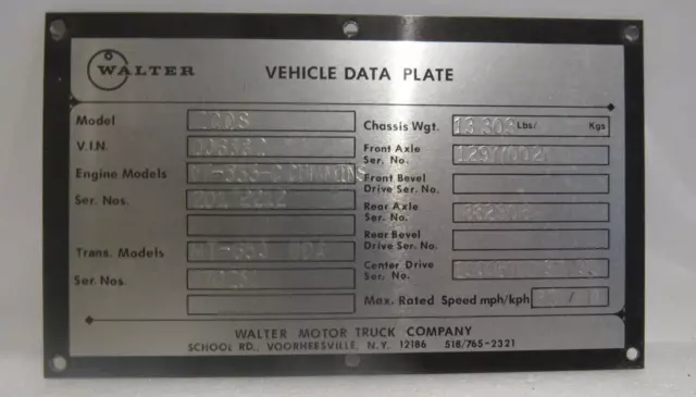 Walter Motor Truck Co Voorheesville NY  fire engine Plate Metal Orginal