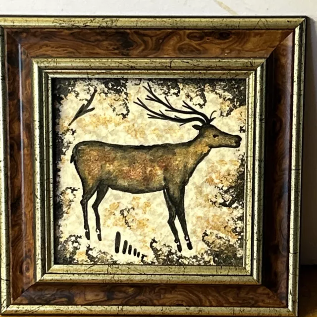 Pair Of Vintage Hand Painted Framed Ceramic Tiles Deer 2