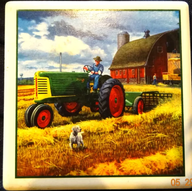 1949 OLIVER 77 TRACTOR & HAY RAKE DRINK COASTERS- ART BY CHARLES FREITAG Mint