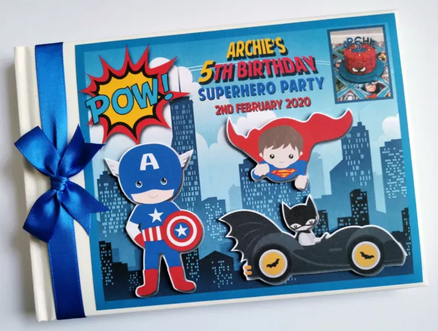 Personalised comics superheroes boys birthday guest book, superhero album, gift