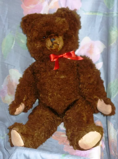 Alter schöner großer  DDR Teddy Bär 75cm  mit Glasaugen und Schleife braun