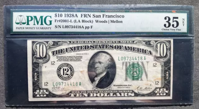 1928A $10 Federal Reserve Note [] SAN FRANCISCO [] FR 2001-L [] PMG 35