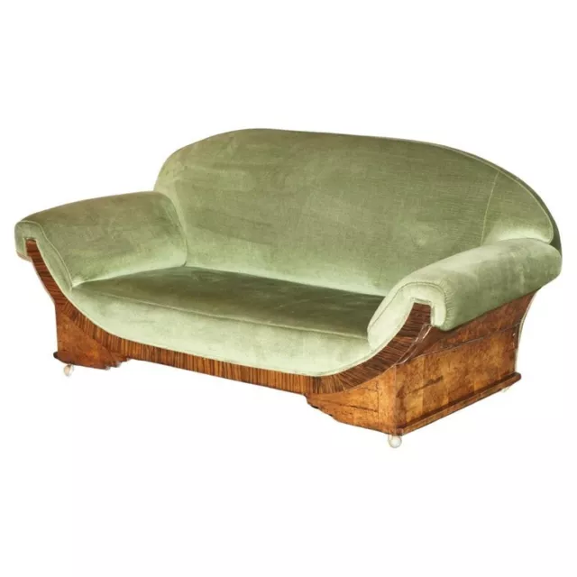 Stylish Antique Art Deco Cir 1920 Burr Walnut Green Velour Sofa Part Of A Suite