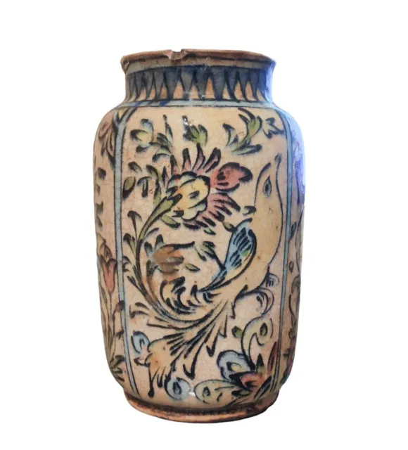 Antique Persian Glazed Ceramic Vase, Hand-painted 4 Parts Around