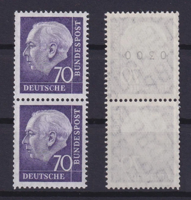 Bund 263xv Heuss 70 Pf gerade Nr. 0300 im Paar gepr. Schmidl postfrisch