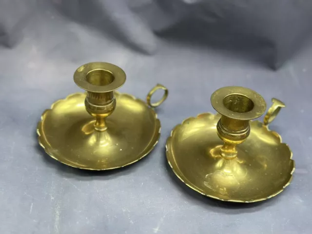 Vintage Solid Brass Scalloped Edge Candlestick Holders With Loop Finger Ring