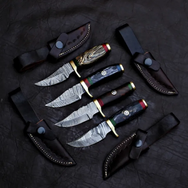 Lot Of 4 Hydra Custom Handmade Damascus Steel Mix Hunting Skinner Knife