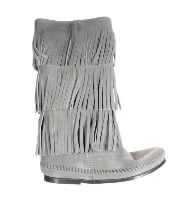 Minnetonka Womens 3 Layer Fringe Gray Moccasin Boots Size 5