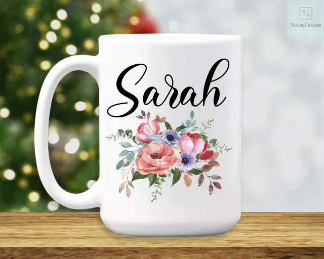 Custom Floral Name Coffee Mug, Personalized Flower Lover Girls Gifts Coffee Cup