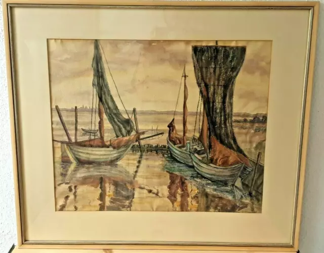 Sehr schönes großes Aquarell des Künstlers R. May - Hafen Szene - um 1930