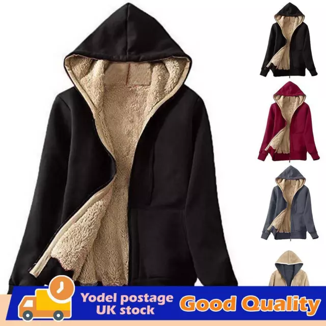 Womens Fur Lined Hoodie Jacket Coat Ladies Zip Up Winter Warm Fleece Sweatshirt