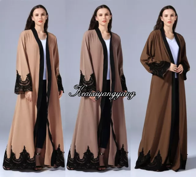 Dubai Lace Cardigan Muslim Women Open Front Robe Islamic Maxi Dress Kaftan Abaya