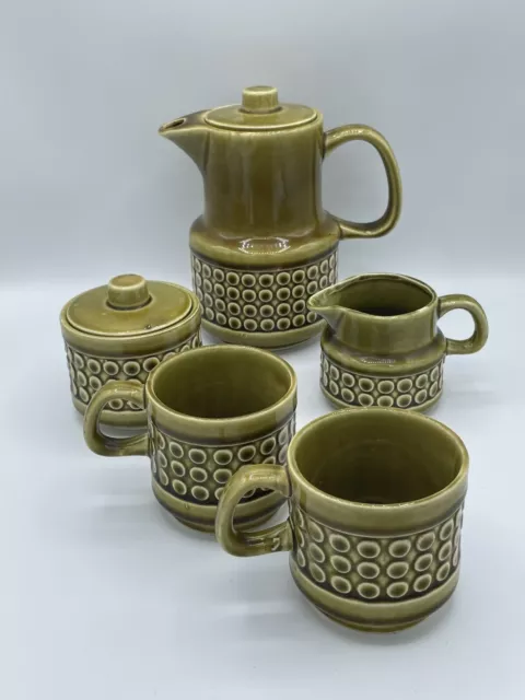 Mid Century Modern Vintage Avocado Green Glaze Teapot, Sugar, Creamer & 2 Cups