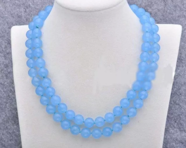 Genuine Natural 10mm Blue Jade Chalcedony Gems Round Beads Long Necklace 36''