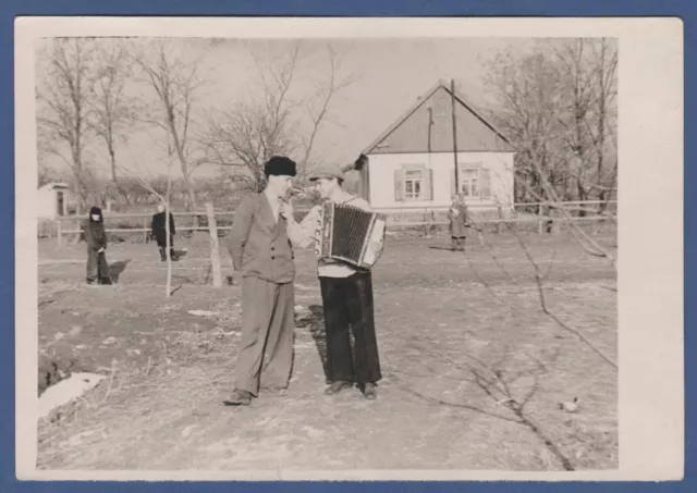 Affectionate handsome gentle guys with accordion, gay int Soviet Vintage Photo